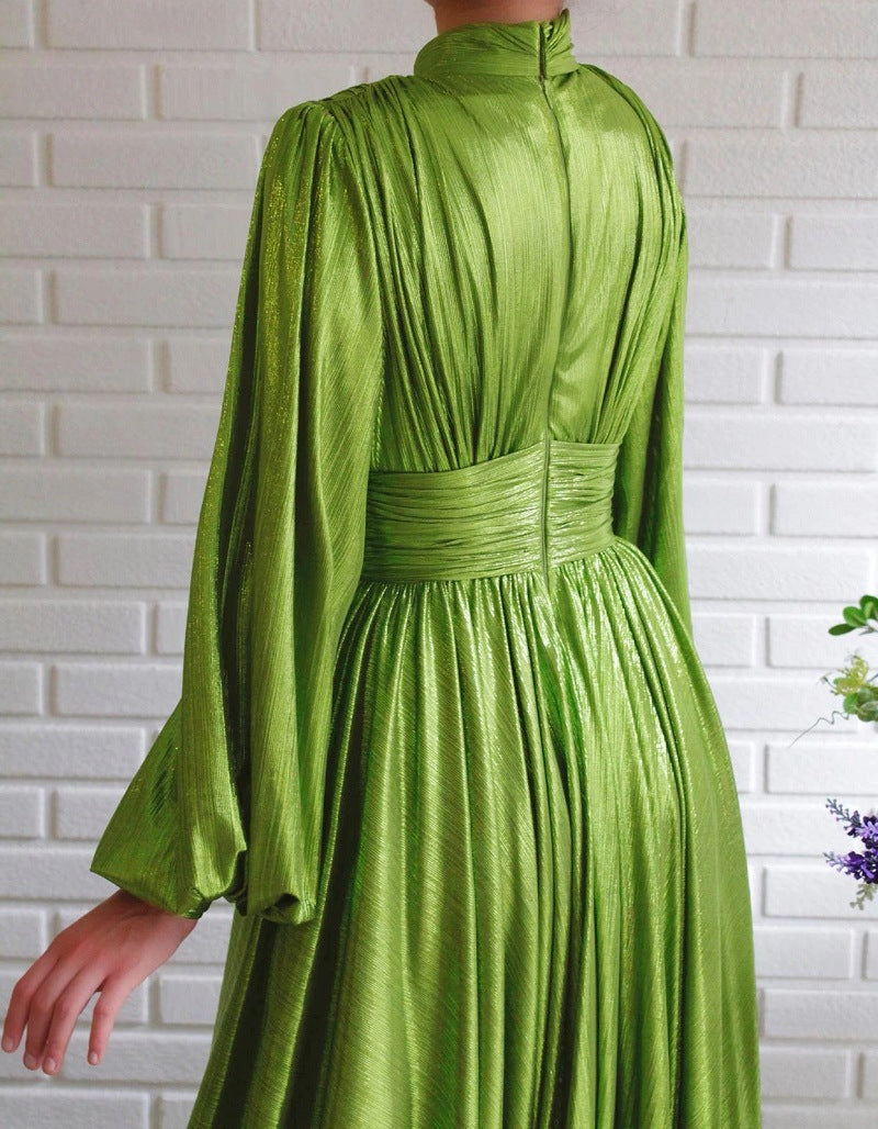 Women's New Autumn Halter Sexy Avocado Green Dress Maxi Party Runway Dress Split Spring Elegant Vestido Green-13