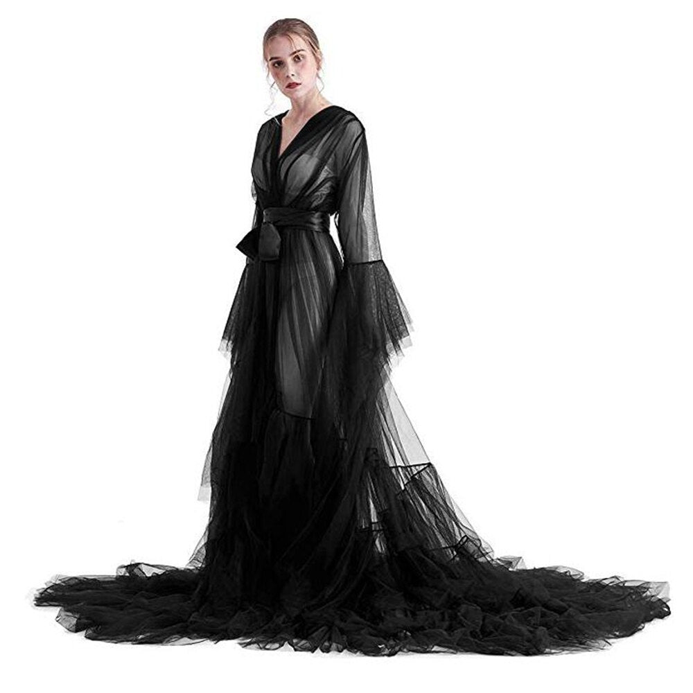 Bridal Dressing Robe Tulle Illusion Long Wedding Scarf Lingerie Robe Sexy Nightgown for Women-6