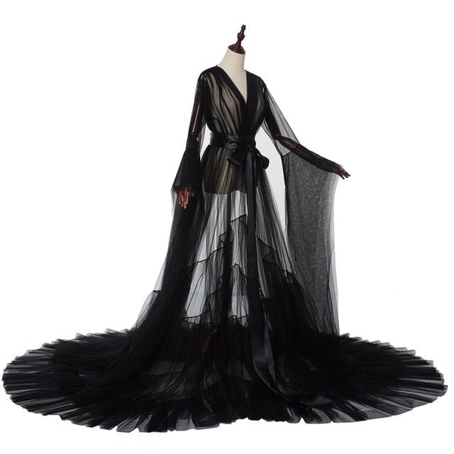 Bridal Dressing Robe Tulle Illusion Long Wedding Scarf Lingerie Robe Sexy Nightgown for Women-1