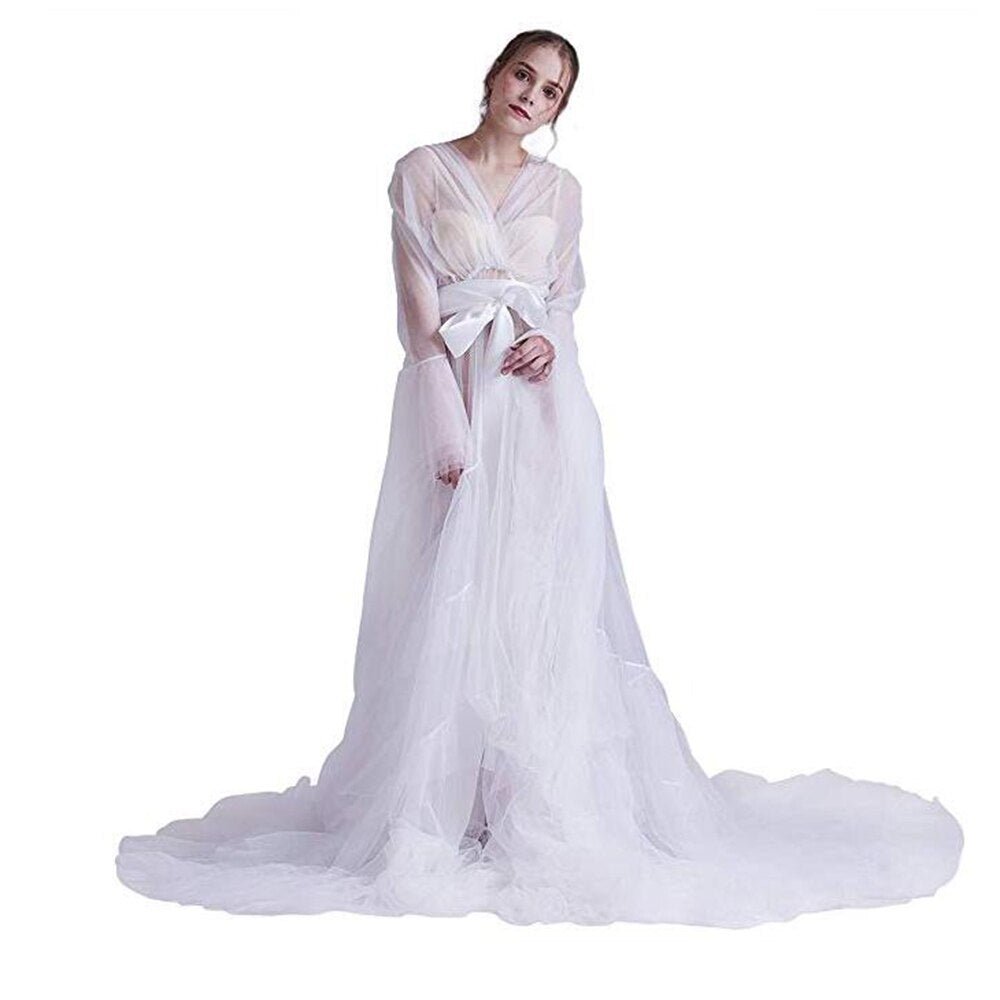Bridal Dressing Robe Tulle Illusion Long Wedding Scarf Lingerie Robe Sexy Nightgown for Women-14