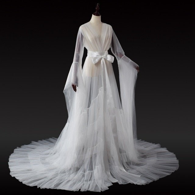 Bridal Dressing Robe Tulle Illusion Long Wedding Scarf Lingerie Robe Sexy Nightgown for Women-0