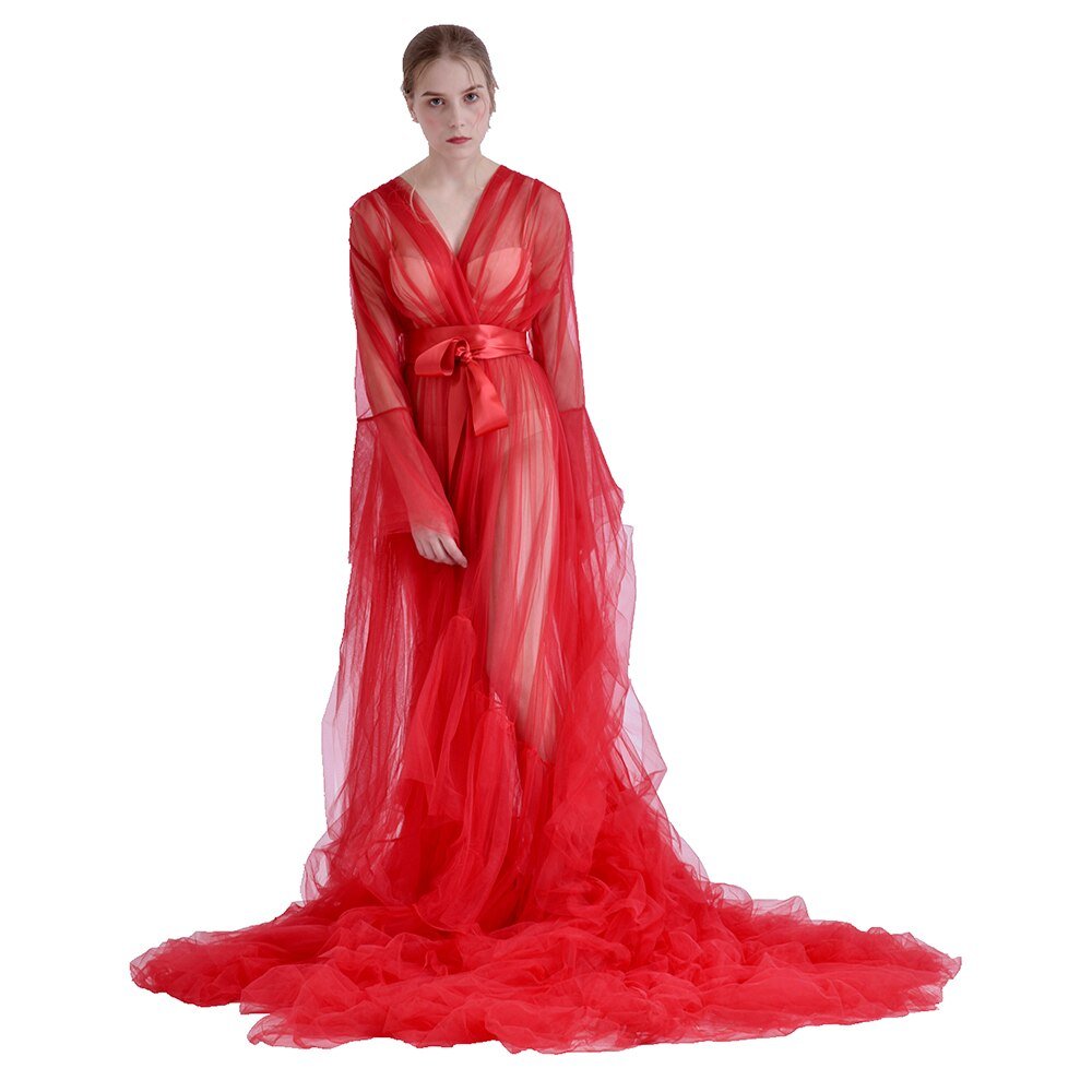 Bridal Dressing Robe Tulle Illusion Long Wedding Scarf Lingerie Robe Sexy Nightgown for Women-16