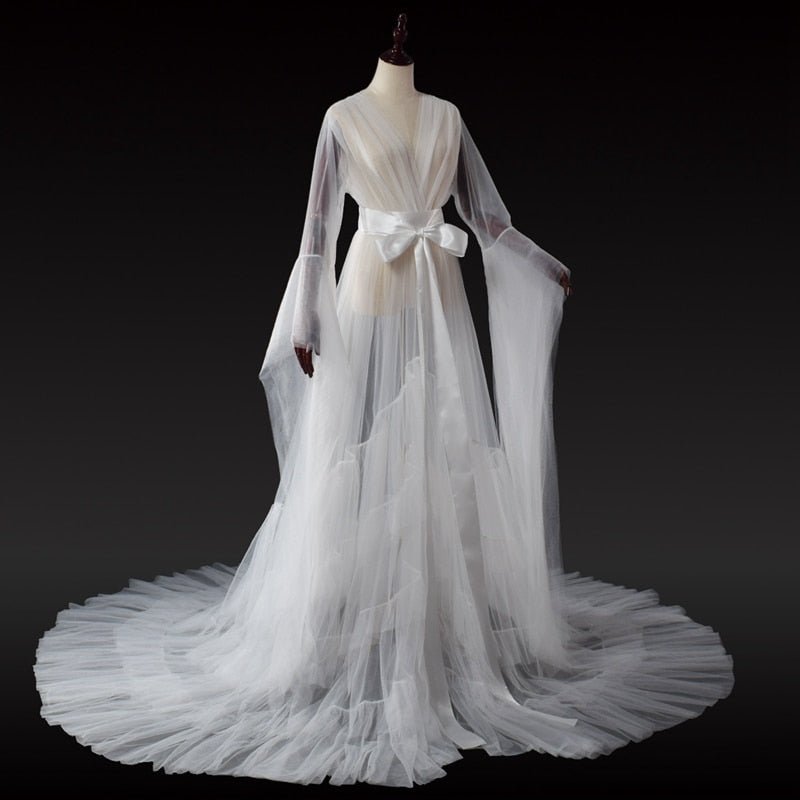 Bridal Dressing Robe Tulle Illusion Long Wedding Scarf Lingerie Robe Sexy Nightgown for Women-17