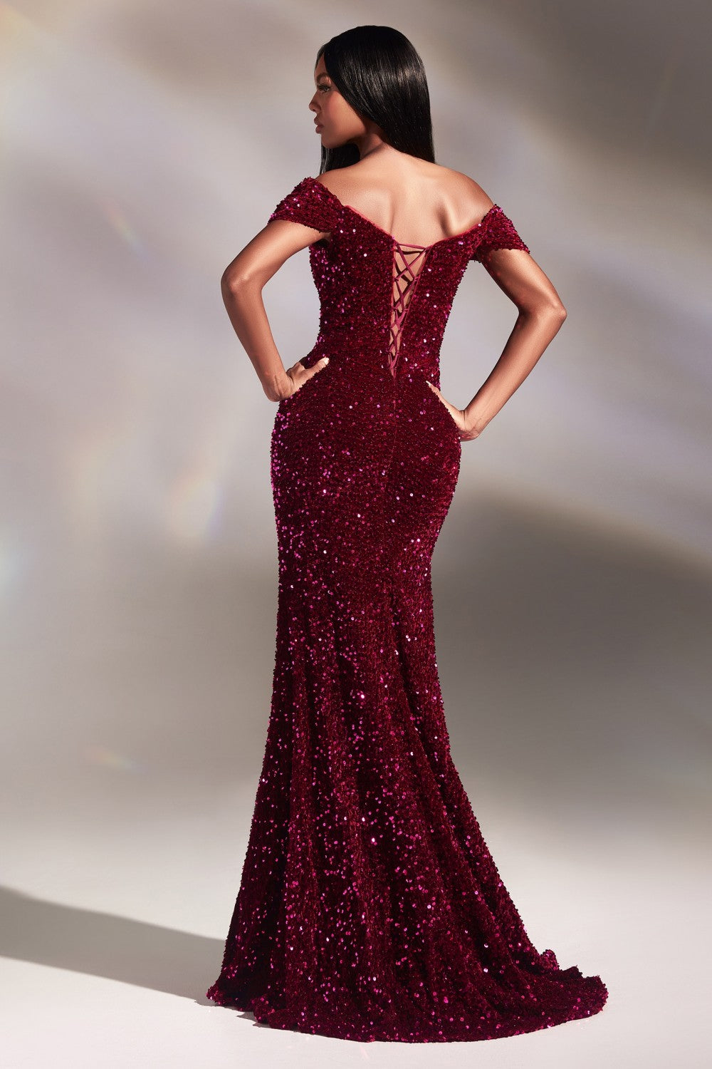 Velvet Sequins Trumpet Prom & Bridesmaid Luxury Gown Off the soulder Open Back Strapless Bodice Fully Sequined Sexy Slit Dress CDCA109-1