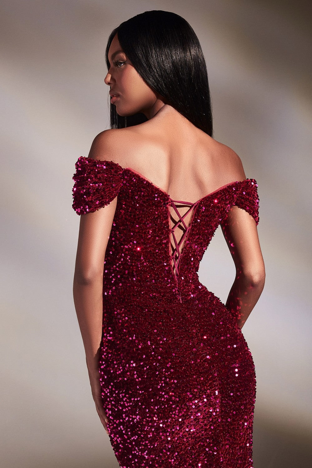 Velvet Sequins Trumpet Prom & Bridesmaid Luxury Gown Off the soulder Open Back Strapless Bodice Fully Sequined Sexy Slit Dress CDCA109-2