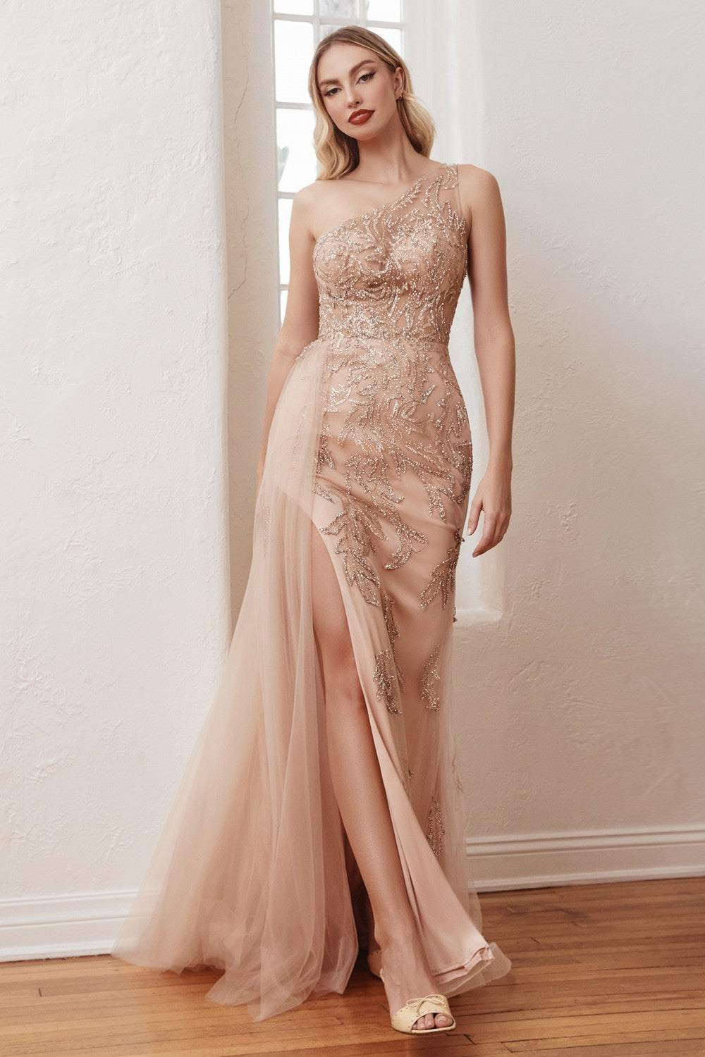 One Shoulder Embellished Bodice Luxury Mermaid Prom & Bridesmaid Sexy Gown tulle overskirt Leg Slit Evening Dresses CDCB098-0