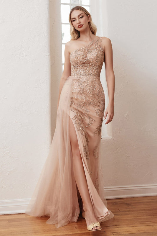 One Shoulder Embellished Bodice Luxury Mermaid Prom & Bridesmaid Sexy Gown tulle overskirt Leg Slit Evening Dresses CDCB098-0
