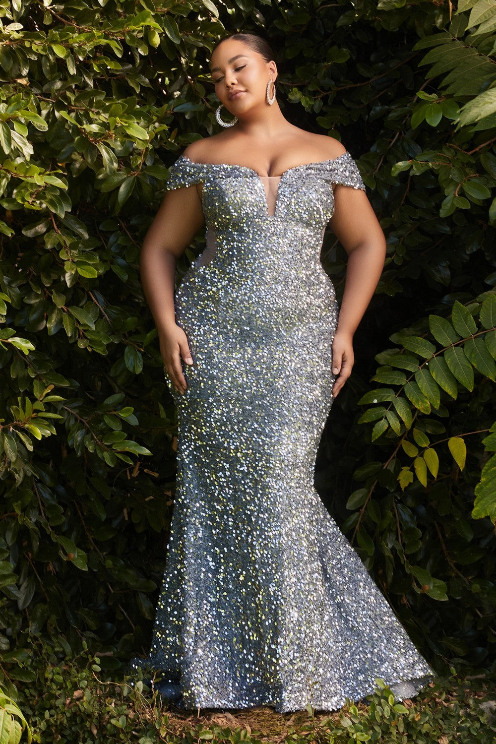 Off Shoulder Sequin prom & Ball Plus Size Dress Fitted Bodice with Deep Illusion Neckline Sensual Curve Gown with Sexy Skirt CDCD975C-5