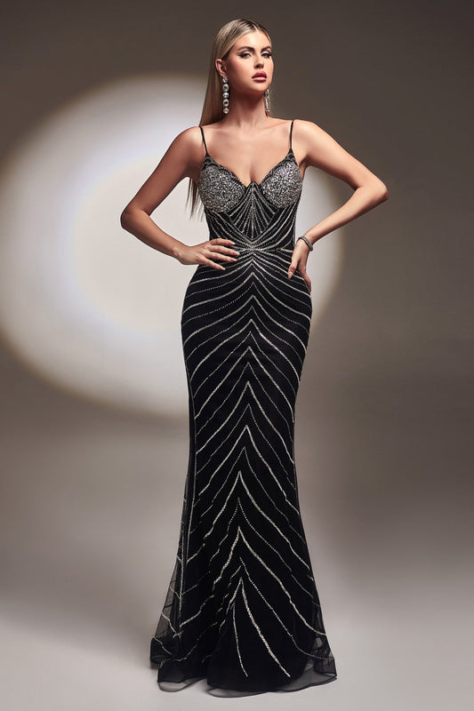 Fitted Glitter Print Mermaid Sequin Gala Luxury Red Carpet gown V-neck V-back Bust Bodice Evening Flattering Sexy Dress CDCR866-0