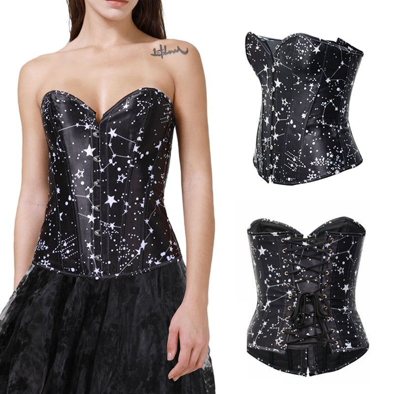 Astronomy Print Corsets Sexy Burlesque Corsetlet Gothic Sleeved Bustiers Steampunk Corsette Halloween Costume 14 Steel Bone Tops-26