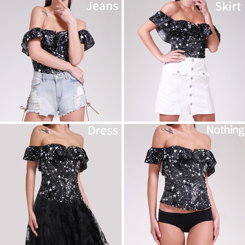 Astronomy Print Corsets Sexy Burlesque Corsetlet Gothic Sleeved Bustiers Steampunk Corsette Halloween Costume 14 Steel Bone Tops-23