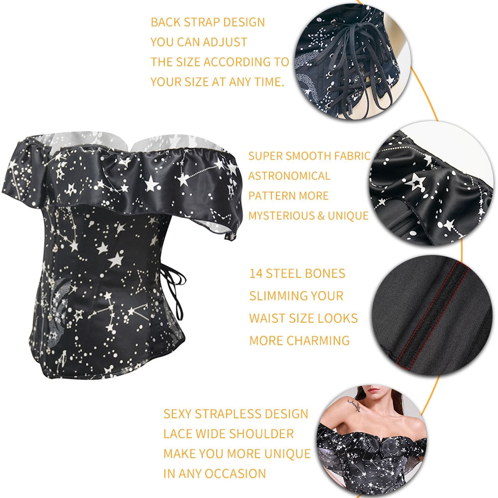 Astronomy Print Corsets Sexy Burlesque Corsetlet Gothic Sleeved Bustiers Steampunk Corsette Halloween Costume 14 Steel Bone Tops-37