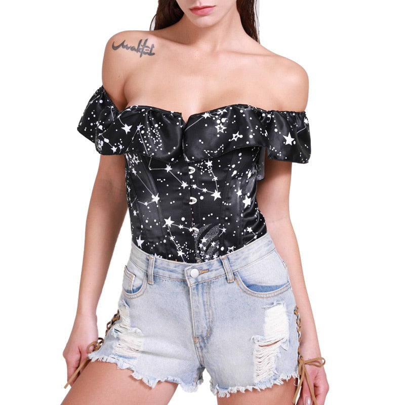 Astronomy Print Corsets Sexy Burlesque Corsetlet Gothic Sleeved Bustiers Steampunk Corsette Halloween Costume 14 Steel Bone Tops-24