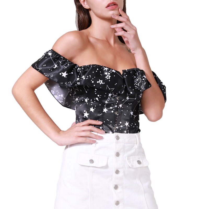 Astronomy Print Corsets Sexy Burlesque Corsetlet Gothic Sleeved Bustiers Steampunk Corsette Halloween Costume 14 Steel Bone Tops-21