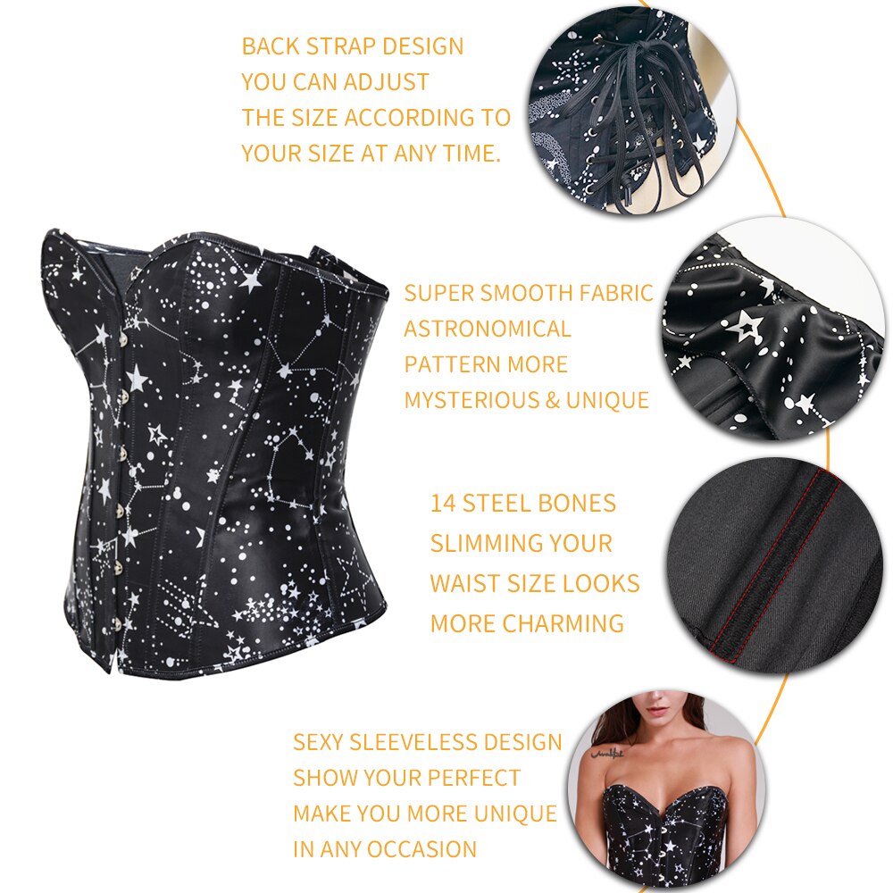 Astronomy Print Corsets Sexy Burlesque Corsetlet Gothic Sleeved Bustiers Steampunk Corsette Halloween Costume 14 Steel Bone Tops-33