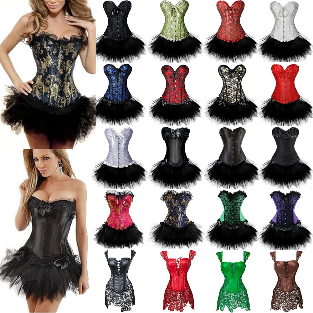 Women Sexy Burlesque Overbust Corset Bustier Top With Mini TuTu Skirt Fancy Dresses Costume Sexy Gothic Corsets Dress-85