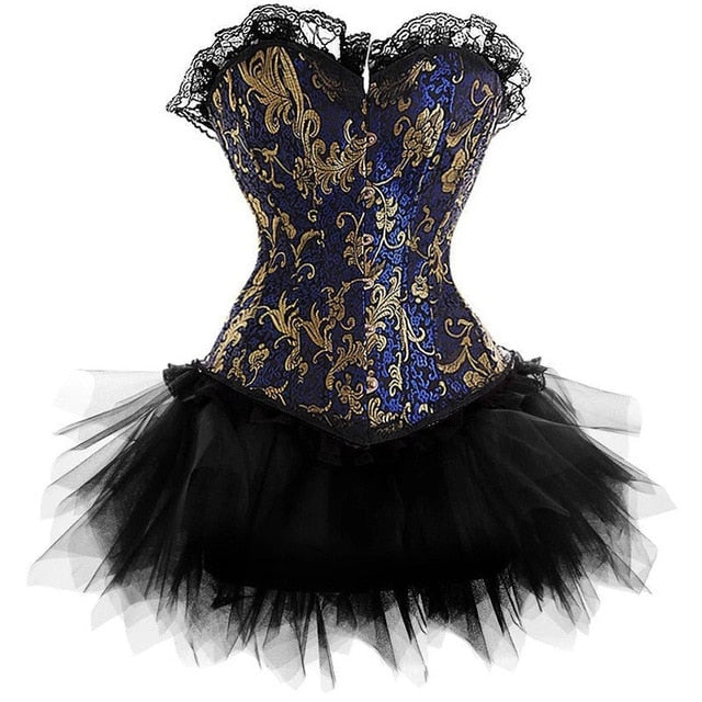Women Sexy Burlesque Overbust Corset Bustier Top With Mini TuTu Skirt Fancy Dresses Costume Sexy Gothic Corsets Dress-45