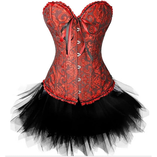 Women Sexy Burlesque Overbust Corset Bustier Top With Mini TuTu Skirt Fancy Dresses Costume Sexy Gothic Corsets Dress-35