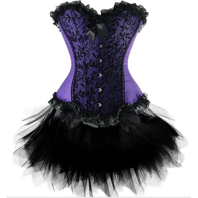 Women Sexy Burlesque Overbust Corset Bustier Top With Mini TuTu Skirt Fancy Dresses Costume Sexy Gothic Corsets Dress-80
