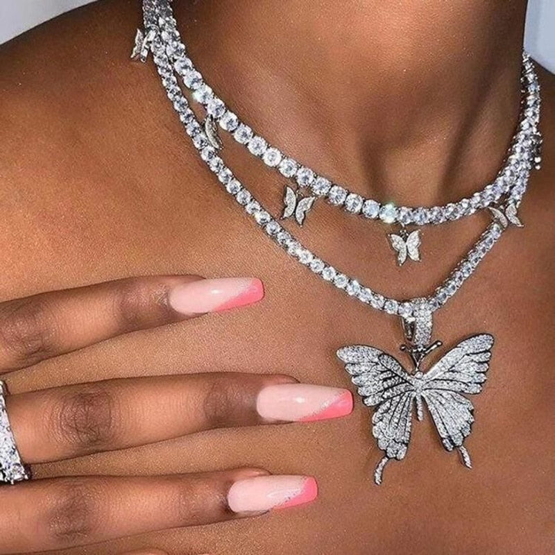 Zircon Butterfly Necklace Tennis Chain Crystal Rhinestone Pendant Necklaces For Women Choker Collares Jewelry-14