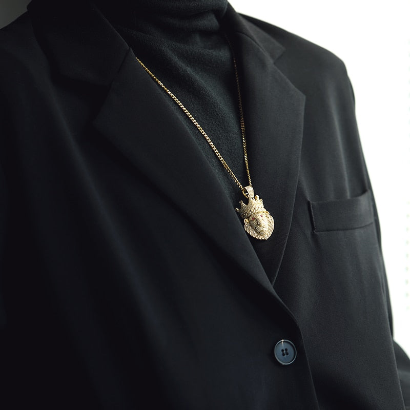 Lion Head Pendant Necklace Hip hop Punk Gold/ Platnium Color Zircon Choker Chain Ice Out Necklace for Women Men  Jewelery Gift-4