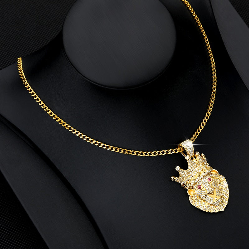 Lion Head Pendant Necklace Hip hop Punk Gold/ Platnium Color Zircon Choker Chain Ice Out Necklace for Women Men  Jewelery Gift-12