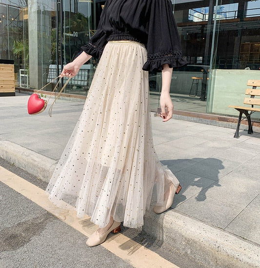 Star sequined mesh skirt summer new female ins super fire long a-line skirt net red fairy skirt Female summer-0