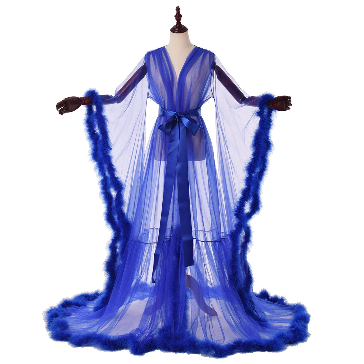 Sexy Illusion Long Lingerie Robe Nightgown Bathrobe Sleepwear Feather Bridal Robe-34
