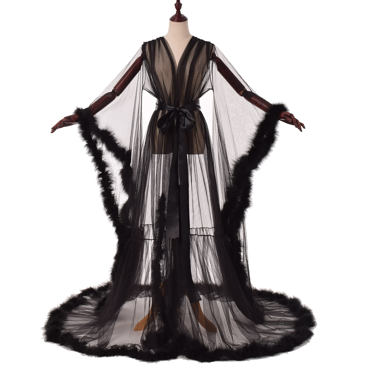 Sexy Illusion Long Lingerie Robe Nightgown Bathrobe Sleepwear Feather Bridal Robe-26