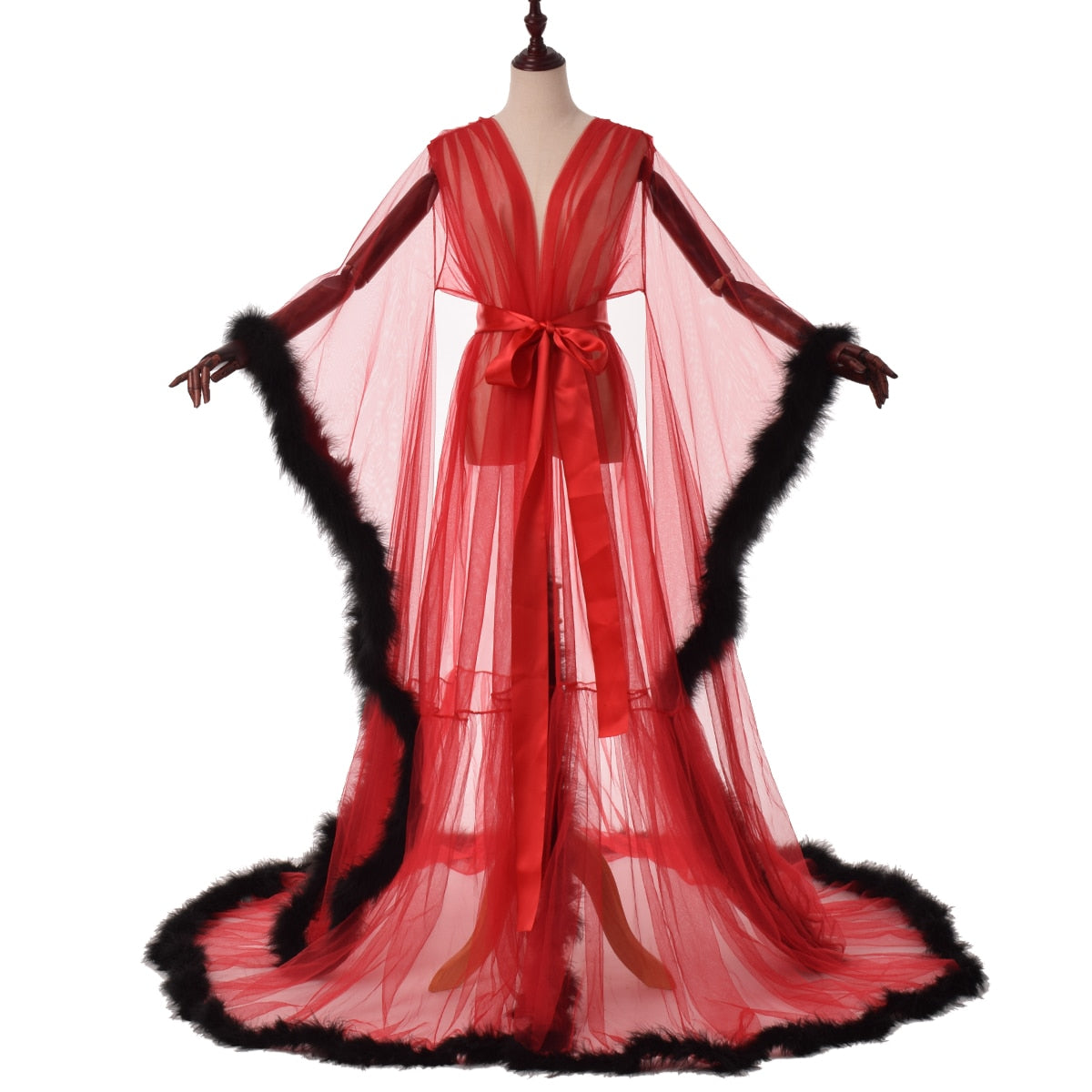 Sexy Illusion Long Lingerie Robe Nightgown Bathrobe Sleepwear Feather Bridal Robe-23