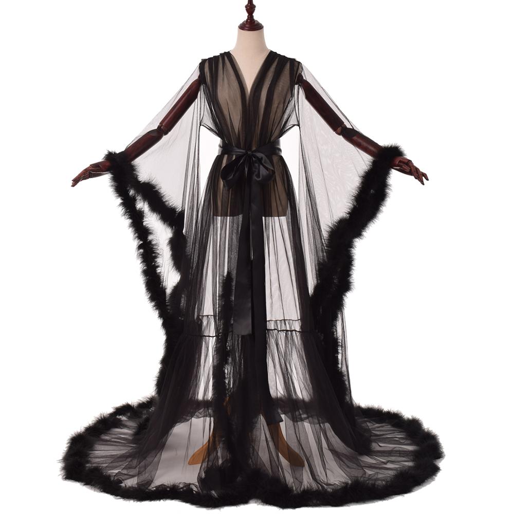 Sexy Illusion Long Lingerie Robe Nightgown Bathrobe Sleepwear Feather Bridal Robe-20