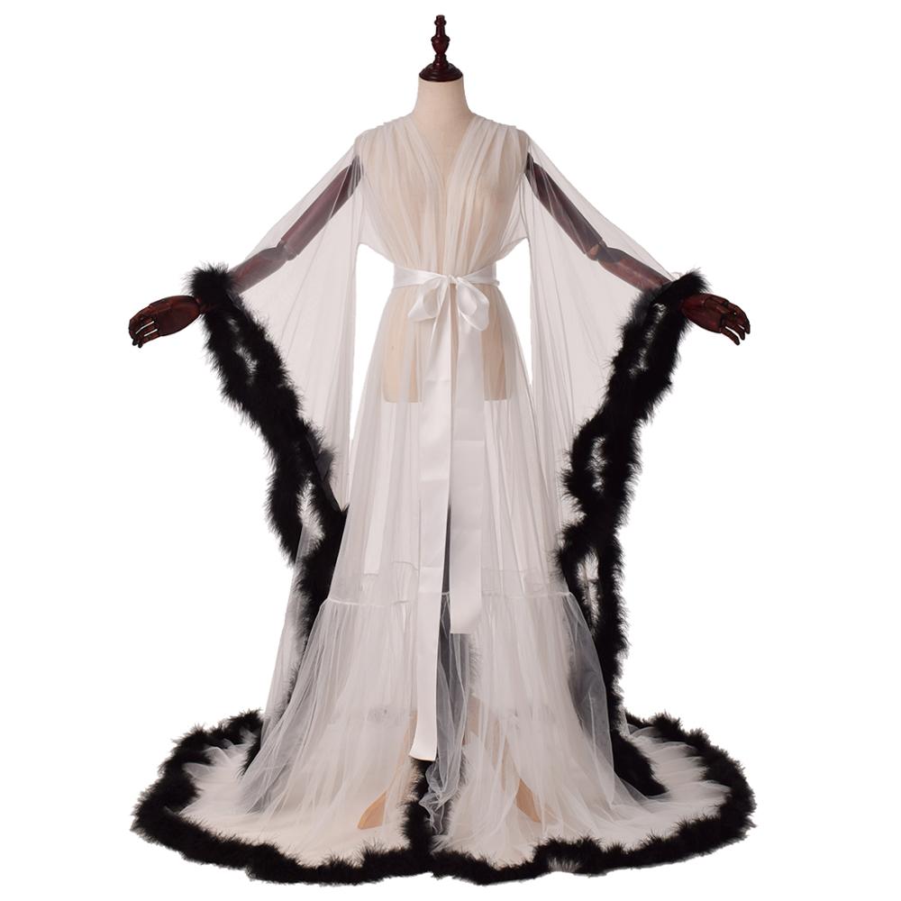 Sexy Illusion Long Lingerie Robe Nightgown Bathrobe Sleepwear Feather Bridal Robe-27