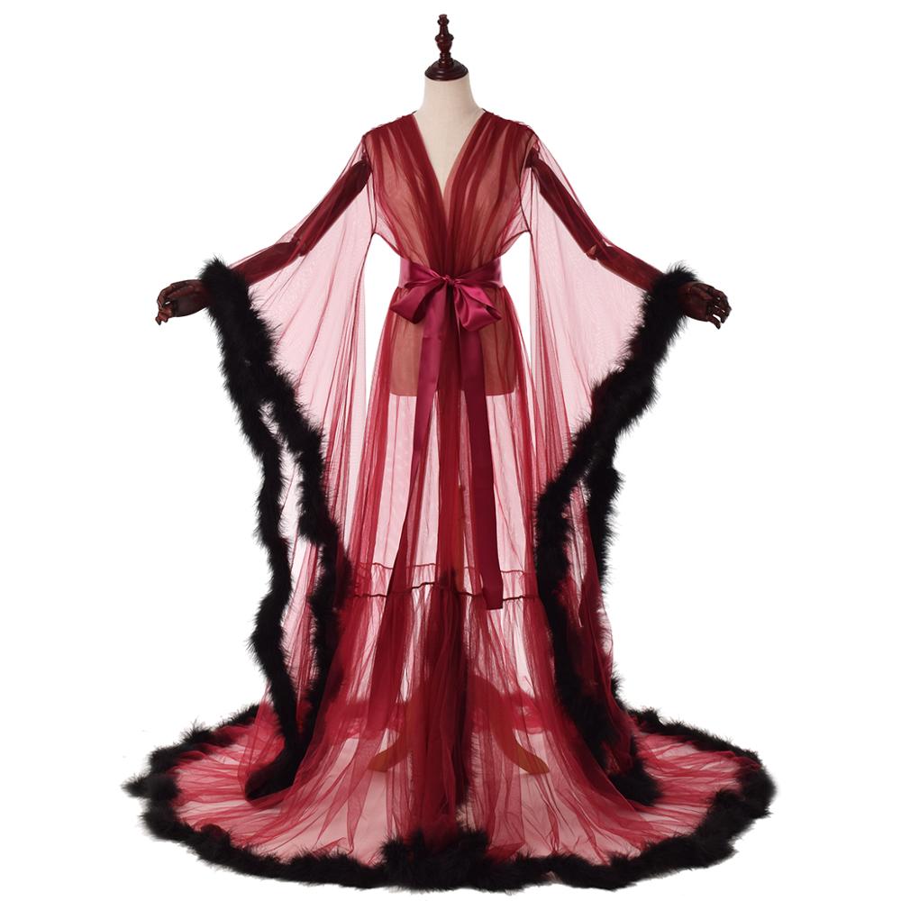 Sexy Illusion Long Lingerie Robe Nightgown Bathrobe Sleepwear Feather Bridal Robe-33