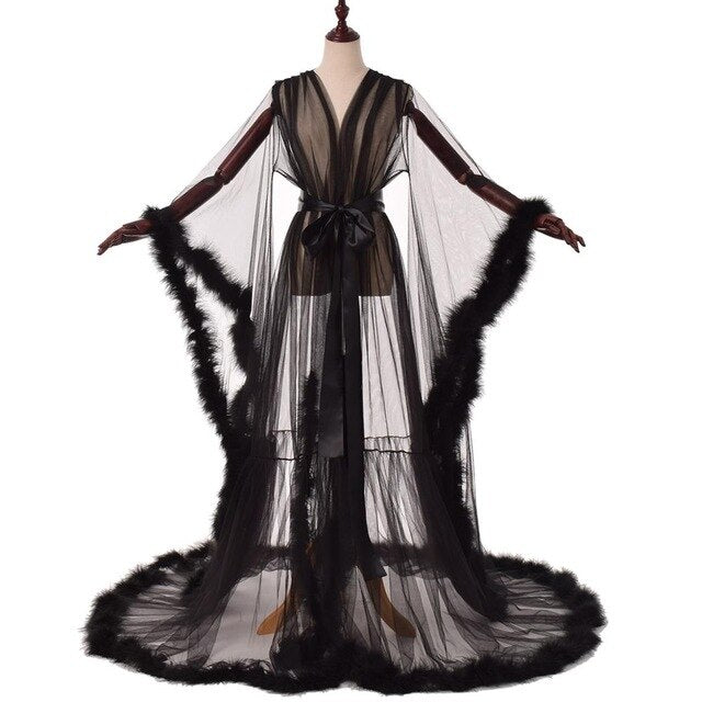 Sexy Illusion Long Lingerie Robe Nightgown Bathrobe Sleepwear Feather Bridal Robe-16