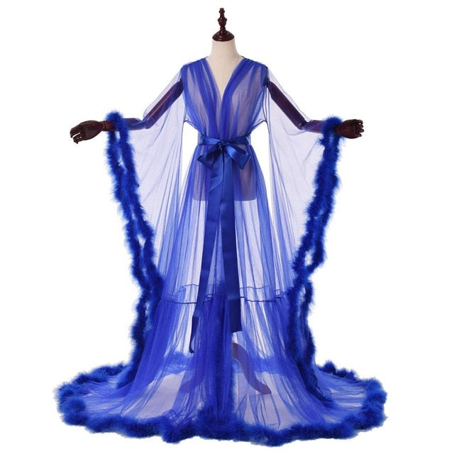 Sexy Illusion Long Lingerie Robe Nightgown Bathrobe Sleepwear Feather Bridal Robe-4