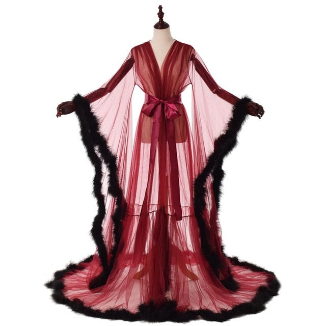 Sexy Illusion Long Lingerie Robe Nightgown Bathrobe Sleepwear Feather Bridal Robe-0