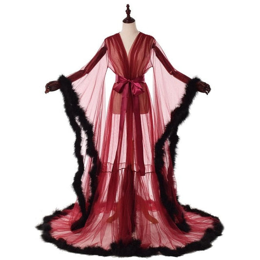 Sexy Illusion Long Lingerie Robe Nightgown Bathrobe Sleepwear Feather Bridal Robe-0