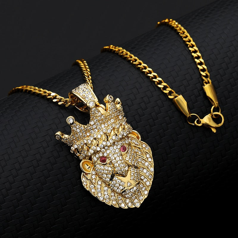Lion Head Pendant Necklace Hip hop Punk Gold/ Platnium Color Zircon Choker Chain Ice Out Necklace for Women Men  Jewelery Gift-6