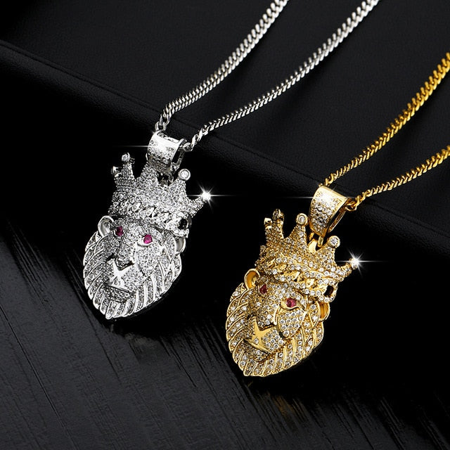 Lion Head Pendant Necklace Hip hop Punk Gold/ Platnium Color Zircon Choker Chain Ice Out Necklace for Women Men  Jewelery Gift-0