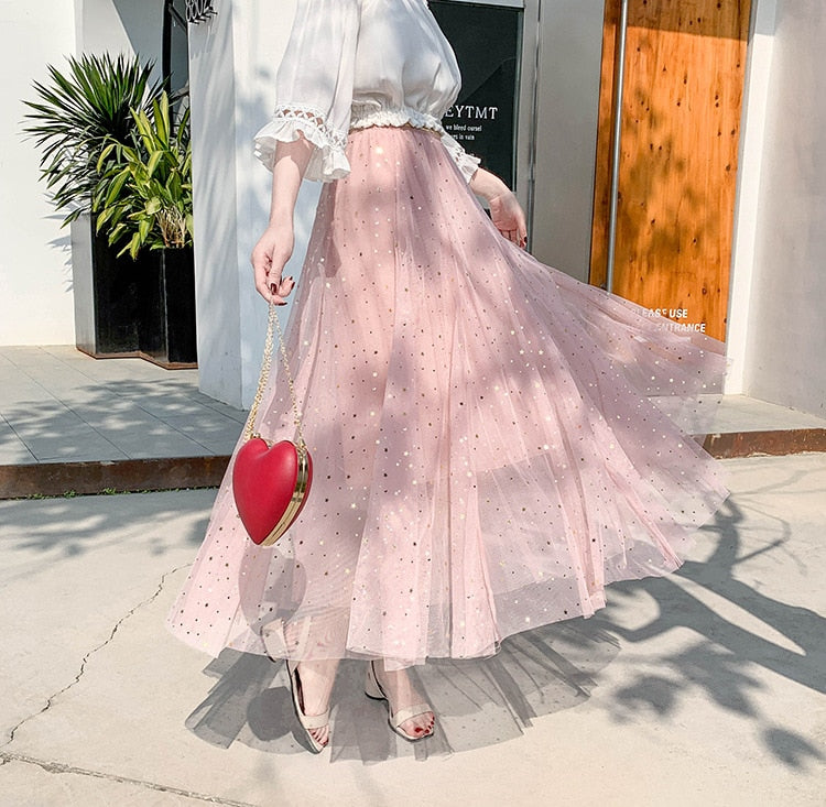 Star sequined mesh skirt summer new female ins super fire long a-line skirt net red fairy skirt Female summer-1