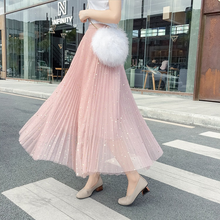 Star sequined mesh skirt summer new female ins super fire long a-line skirt net red fairy skirt Female summer-11