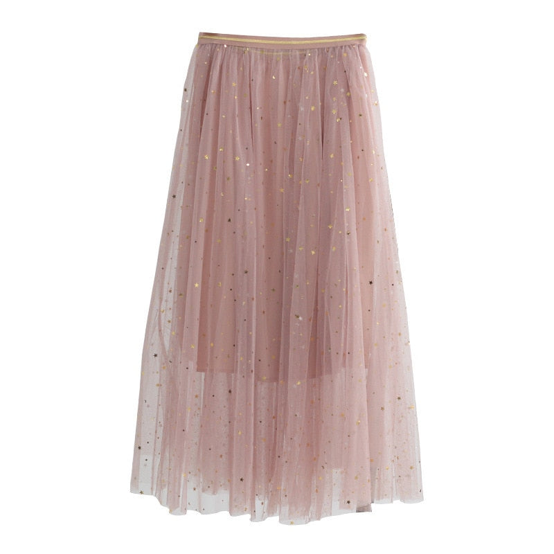 Star sequined mesh skirt summer new female ins super fire long a-line skirt net red fairy skirt Female summer-8