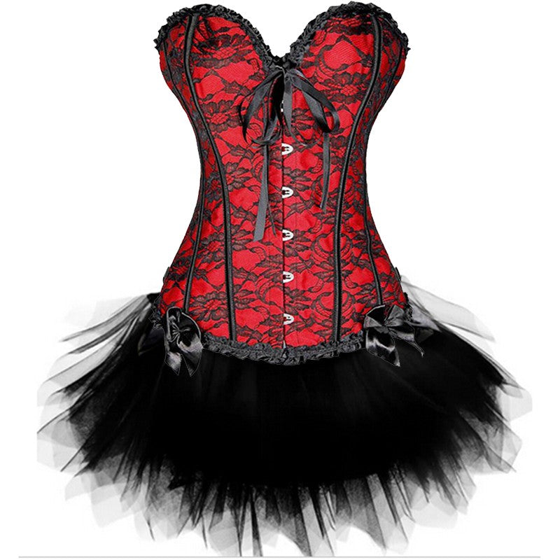 Women Sexy Burlesque Overbust Corset Bustier Top With Mini TuTu Skirt Fancy Dresses Costume Sexy Gothic Corsets Dress-118
