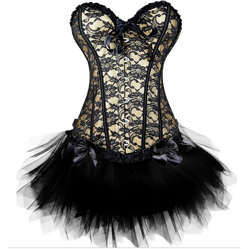 Women Sexy Burlesque Overbust Corset Bustier Top With Mini TuTu Skirt Fancy Dresses Costume Sexy Gothic Corsets Dress-96