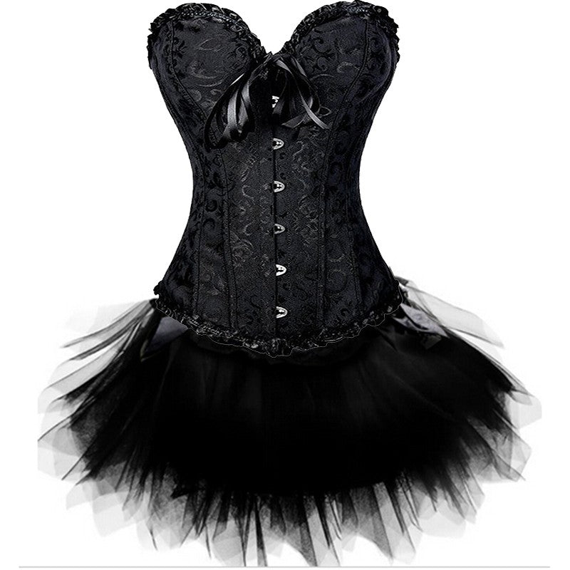 Women Sexy Burlesque Overbust Corset Bustier Top With Mini TuTu Skirt Fancy Dresses Costume Sexy Gothic Corsets Dress-110