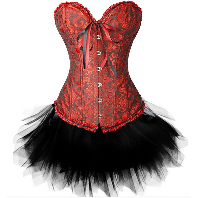 Women Sexy Burlesque Overbust Corset Bustier Top With Mini TuTu Skirt Fancy Dresses Costume Sexy Gothic Corsets Dress-113