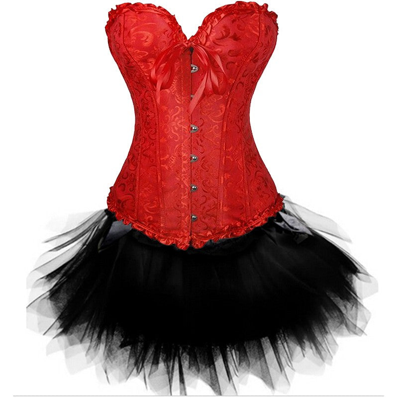 Women Sexy Burlesque Overbust Corset Bustier Top With Mini TuTu Skirt Fancy Dresses Costume Sexy Gothic Corsets Dress-111