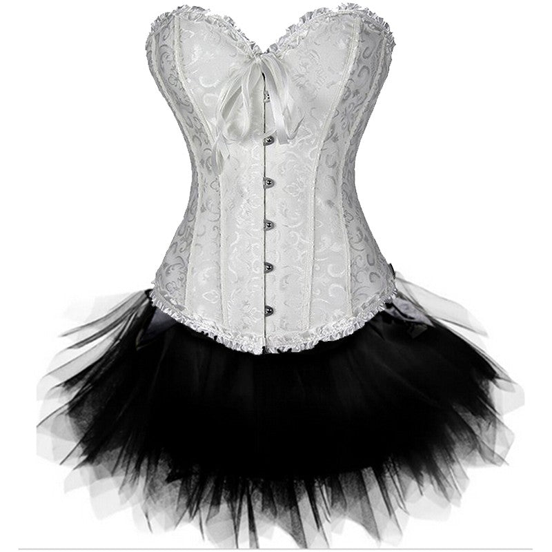 Women Sexy Burlesque Overbust Corset Bustier Top With Mini TuTu Skirt Fancy Dresses Costume Sexy Gothic Corsets Dress-89