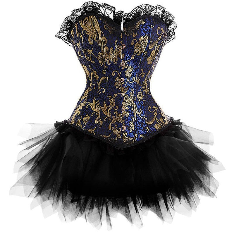 Women Sexy Burlesque Overbust Corset Bustier Top With Mini TuTu Skirt Fancy Dresses Costume Sexy Gothic Corsets Dress-99