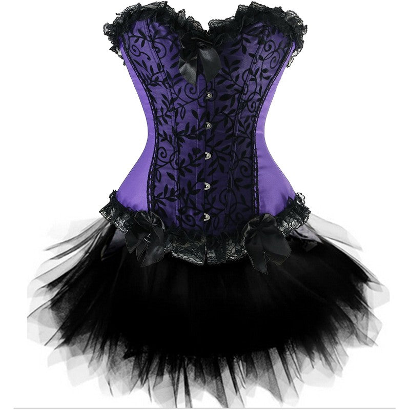 Women Sexy Burlesque Overbust Corset Bustier Top With Mini TuTu Skirt Fancy Dresses Costume Sexy Gothic Corsets Dress-119